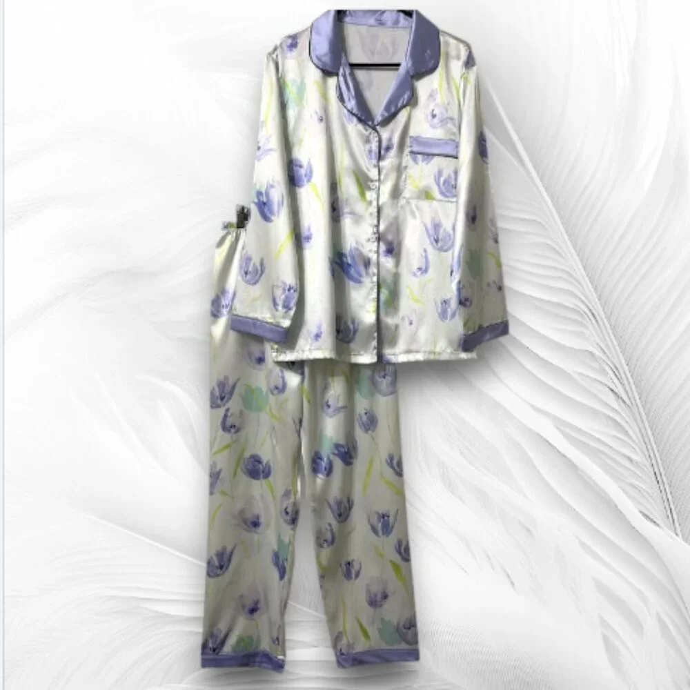 Women’s Satin Pajama Set L – Floral Print Button Top & Pants (Light Purple/Blue) - Picture 2 of 9
